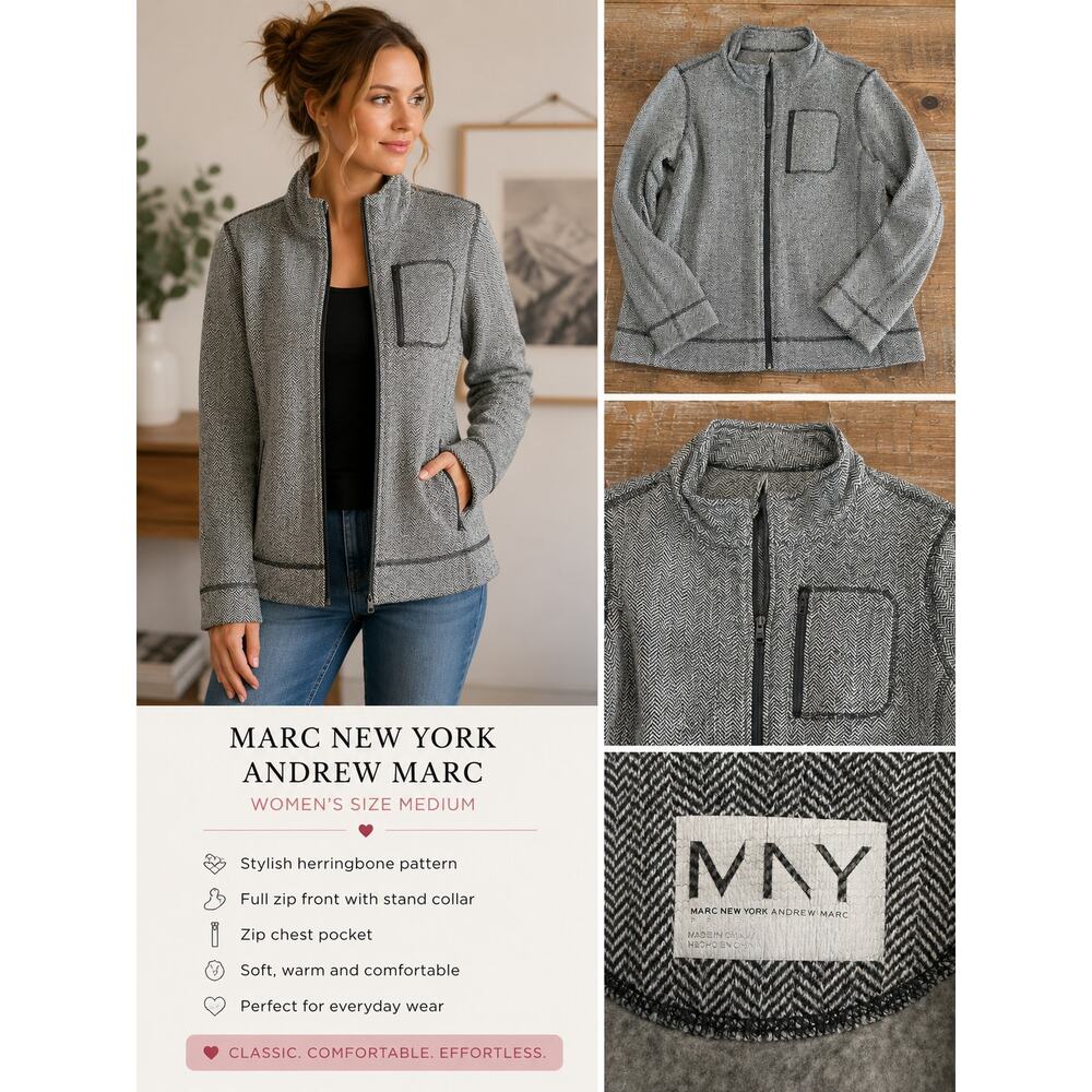 Marc New York Andrew Marc Womens Medium Herringbone Zip Jacket Gray Black
